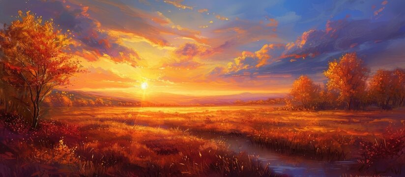 A painting capturing the beauty of a sunset over a field, with the setting sun casting a warm glow over the autumn landscape. The colors of the sky blend seamlessly with the earthy tones of the field