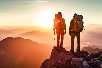 Two hikers on mountain summit at sunset, admiring the sky and landscape