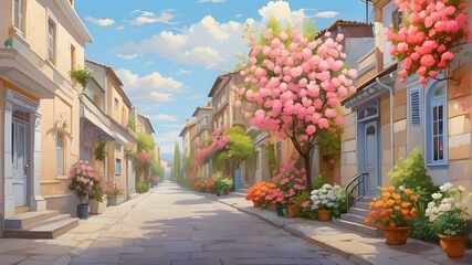 Fototapeta na wymiar painting in the horizontal style depicting a country street with blossoming flowers adorning the home facades. Cityscape in the summer