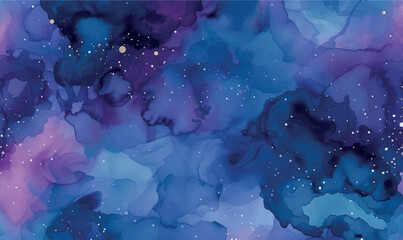 watercolor pattern dark blue and purple tones with added sparkles create a deep, cosmic atmosphere - obrazy, fototapety, plakaty