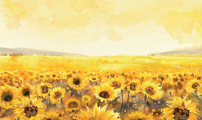 minimalistic watercolor background border with space for text, flight over picturesque sunflower fields, yellow flowers cover every corner of the scene