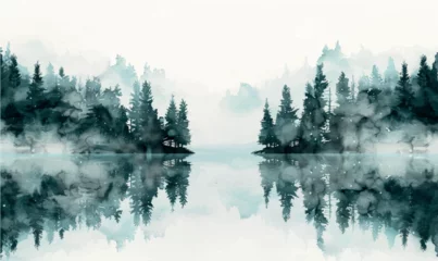 Foto auf Acrylglas minimalistic watercolor background border with space for text, tranquil lake amidst the forest. The sky and trees reflect on the water's surface  © Irina