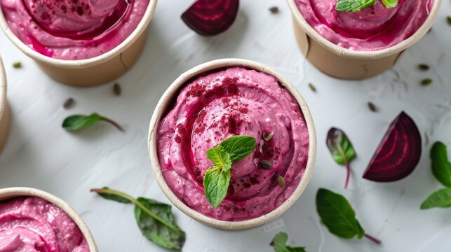 Homemade vibrant beetroot ice cream in bowls with fresh mint