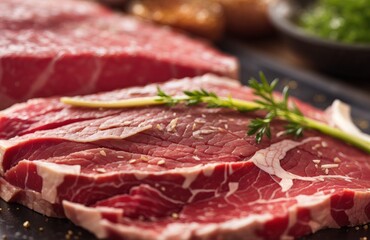 Fototapeta premium Raw beef with visible fat veins and seasoning