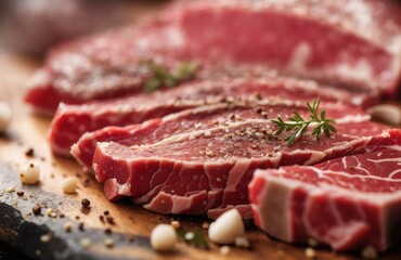 Fototapeta premium Raw beef with visible fat veins and seasoning