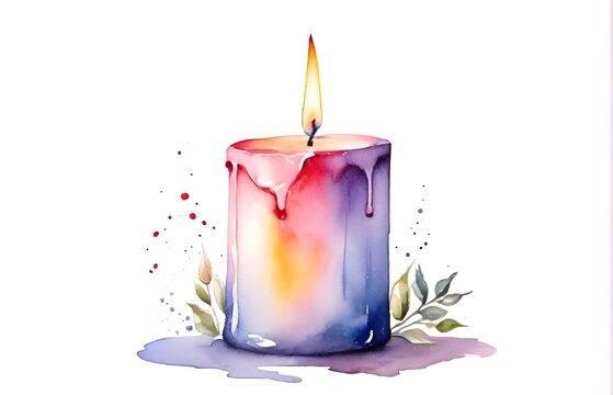 Beautiful vector image with hand drawn watercolor candles and flowers on white background. Watercolor candle Illustration.
