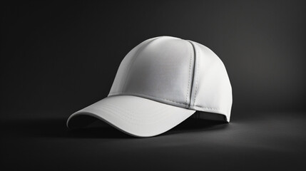 A white baseball cap mock up placed on a clean black background. Suitable for various marketing and promotional materials