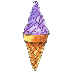 watercolor hand-painted ice cream cone and balls cup frozen gelato of green pink yellow colors ice cream in chocolate with chocolate glaze clip art set for print scrapbooking pattern