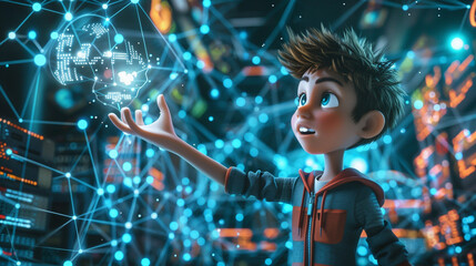 A cartoon character interacting with a complex network of digital data