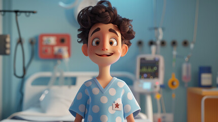 A cartoon character with a unique medical condition wearing a hospital gown