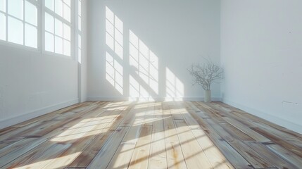 Three-dimensional rendering of a white empty room and a laminate wood floor with a shadow cast on the wall.
