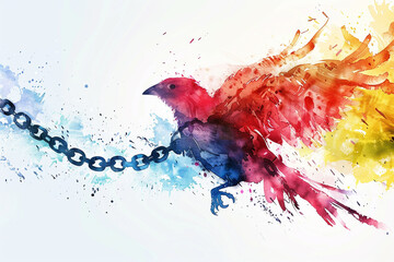 A colorful 3D watercolor rendering of a bird casting off chains