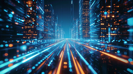 A futuristic backdrop background with neon lights and glowing data streams