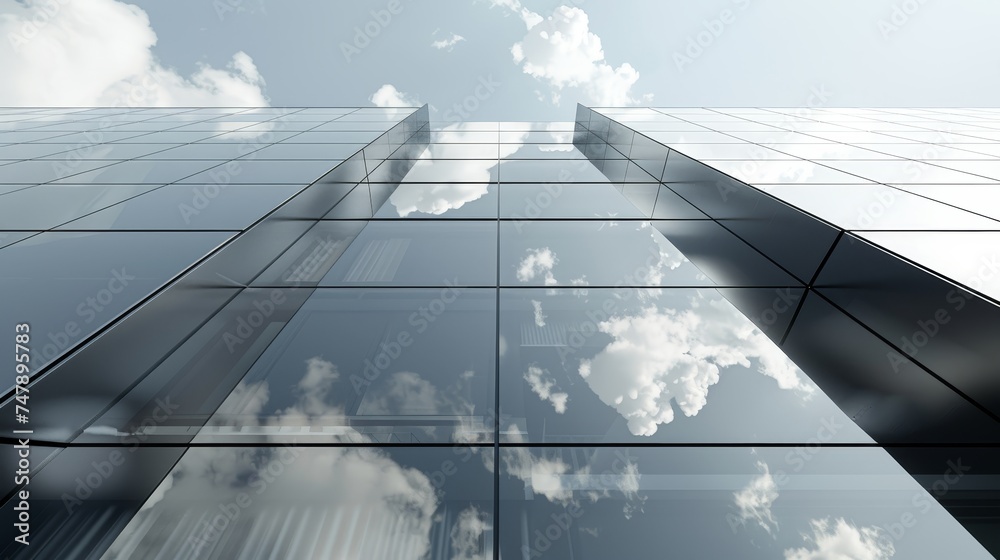 Leinwandbilder View of high rise building with a dark steel window system and clouds reflected on it. Business concept of future architecture, looking up to the corner angle of the building. 3D rendering.