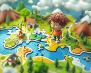 Illustrate a whimsical scene of a cartoon character searching for the missing piece of a jigsaw puzzle in a visually stunning 3D animated world