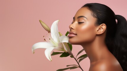 African American model poses with lily flowers against a pink background in this profile portrait - obrazy, fototapety, plakaty
