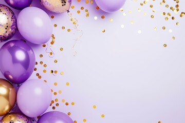 Balloons with confetti. Background template design with helium balloons for Party for Birthday and anniversary celebration, carnival. weddings and valentine's day and international women's day - obrazy, fototapety, plakaty