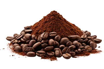 Coffee Beans Pile Next to Ground Coffee Beans. A pile of whole coffee beans is displayed next to a mound of finely ground coffee beans, showing the different stages of coffee processing.