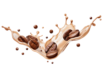 Coffee beans in milk splash isolated on transparent background.