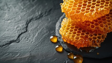 bee honeycomb with honey black background - obrazy, fototapety, plakaty