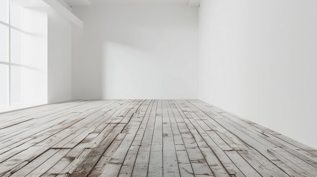 The 3D rendering shows an empty room with a wooden floor and a large, white wall with no decoration.