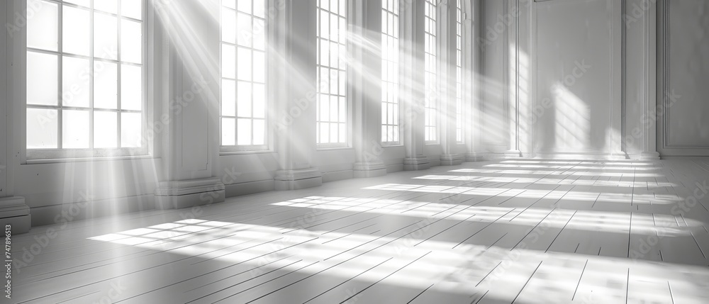 Aufkleber intriguing 3d simulation of white room interior and wood plank floor with sun light casting shadow o