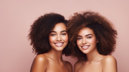 Models with perfect skin and curly hair. Spa treatment concept for a web banner.