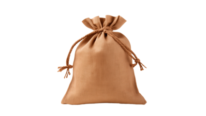 Tied burlap sack cut out. Isolated craft bag with money on transparent background