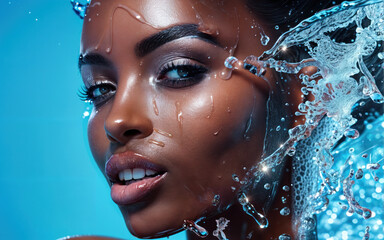 Young Woman Face Refreshed. Splashed with Water for Hygiene and Skincare, Embracing the Pleasure of Cleansing and Relaxation in Spa Treatment, Capturing Freshness and Wellness. Cosmetic and body care.