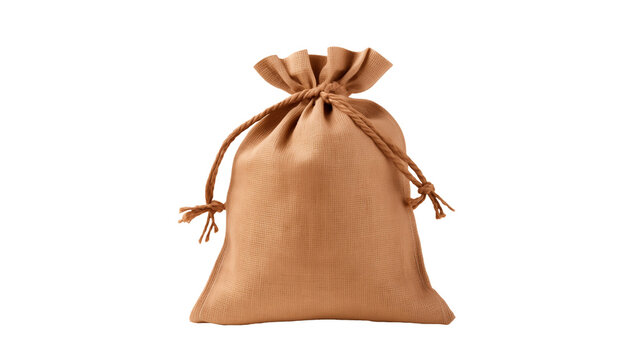 Tied burlap sack cut out. Isolated craft bag with money on transparent background
