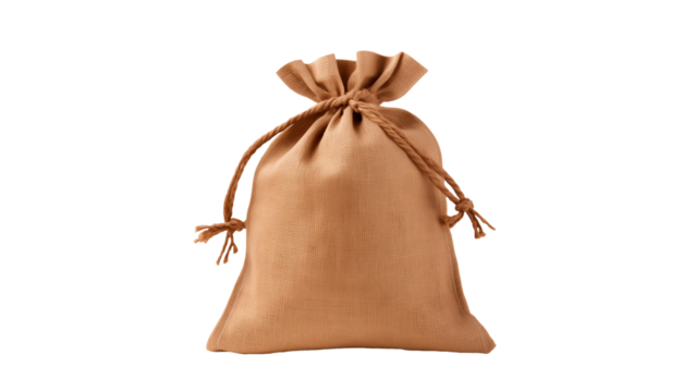 Tied burlap sack cut out. Isolated craft bag with money on transparent background
