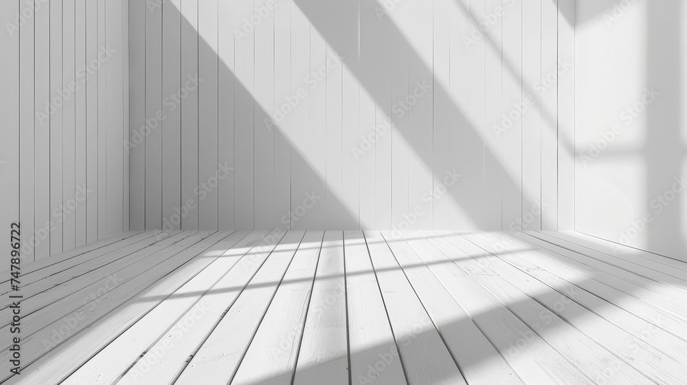 Poster 3d stimulation of a white room interior and a wood plank floor with sunlight casting shadows on the 