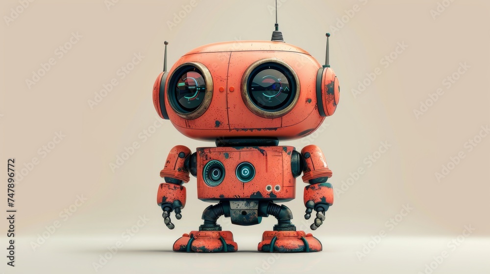 Poster isolated on white background, this funny robot is in a flat style