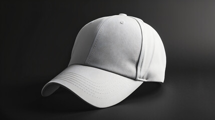 A white baseball cap mock up placed on a clean black background. Suitable for various marketing and promotional materials