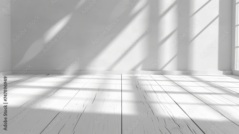 Poster the white room interior and wood plank floor create a rhythmic shadow pattern on the wall, a perspec