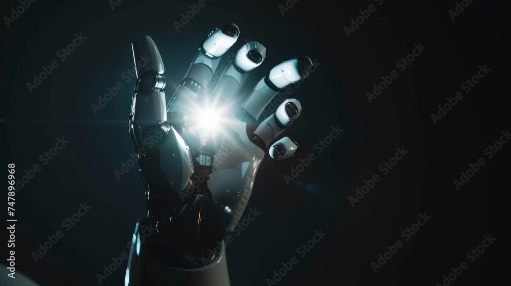 Poster Future technology concept - robot and human hand with flash light and virtual screen projection on black background