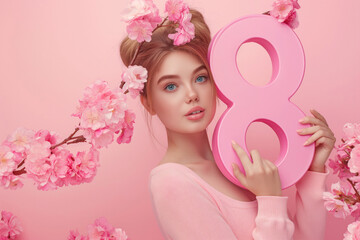 Beautiful young woman holding a large pink number 8 surrounded by pink flowers. Pink background, international women's day, eighth of March, copy space
