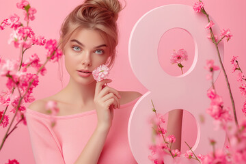 Obraz na płótnie Canvas Beautiful young woman holding a large pink number 8 surrounded by pink flowers. Pink background, international women's day, eighth of March, copy space