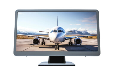 An electronic computer monitor displaying a detailed image of a plane flying. The airplane is pictured in mid flight, showcasing a side perspective and details like wings and tail.