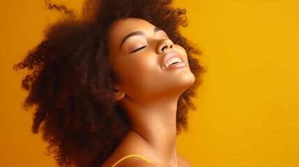 Stylish African American Fashion Model profile portrait. Satisfied brunette woman wearing afro hairstyle, yellow eyeshadow, lips, and makeup on colorful background. - obrazy, fototapety, plakaty