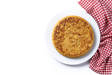 Traditional spanish omelette isolated on white background. Top view. Copy space