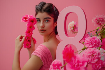 Obraz na płótnie Canvas Beautiful young woman holding a large pink number 8 surrounded by pink flowers. Pink background, international women's day, eighth of March, copy space
