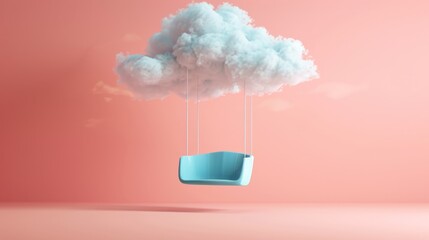 The blue swing chair sits on the pink background with a cloud floating above it. - obrazy, fototapety, plakaty