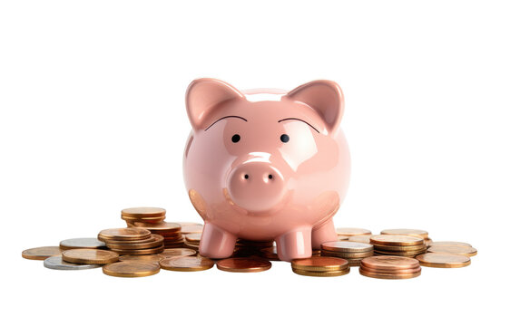A piggy bank is seen sitting atop a pile of coins in varying denominations. The piggy bank is pink in color with a slot for inserting money, while the coins are scattered beneath it on a flat surface.