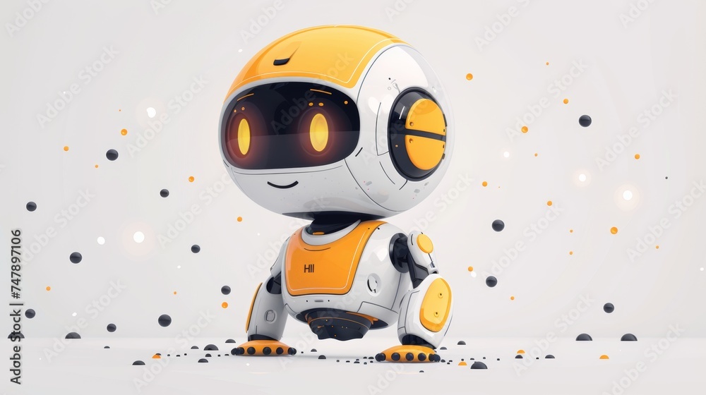 Poster Flat of a robot on white. An icon of a chatbot. Bot shows up on screen. Customer support chatbot. Photorealistic illustration.