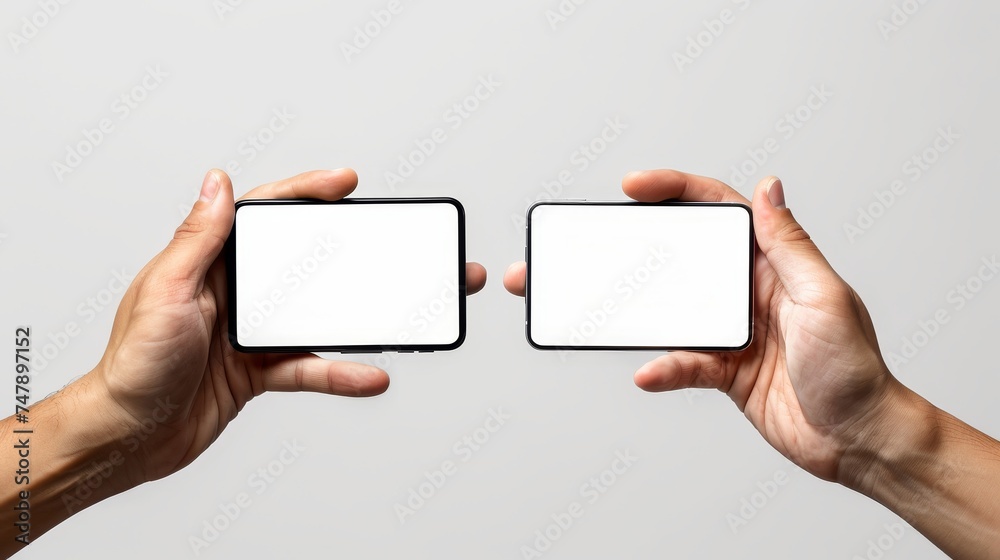 Poster a close-up view of a male hand holding a smart phone with a white empty screen, showing the user usi