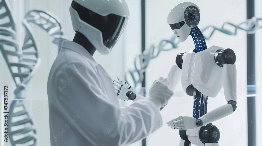 Poster In a laboratory background, robot doctors analyze DNA results through a modern virtual interface, experiments, science, and technology.
