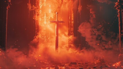 A 3D illustration depicting a medieval sword engulfed in fiery smoke