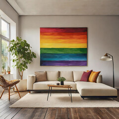 design of a modern living room with a painting with colored stripes