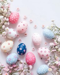 Fototapeta na wymiar Easter celebration: Decorative eggs and fresh spring flowers on white